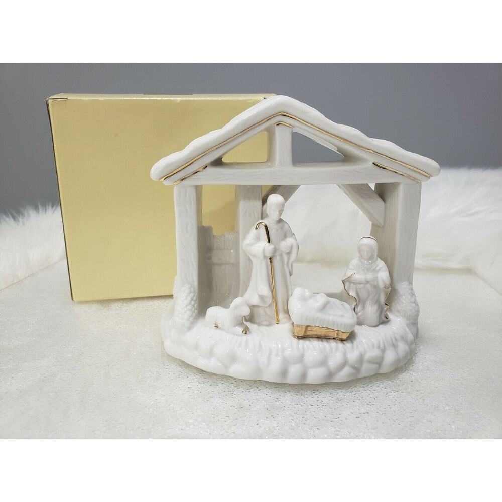 Mikasa Holiday Elegance Porcelain Nativity White Gold Tea Light Holder Christmas